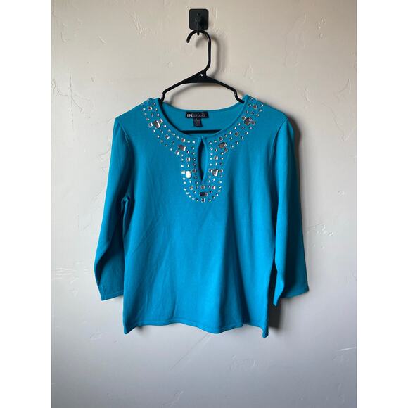 I.N. Studio Blue Bejeweled Beaded 3/4 Sleeved Knitted Blouse- Size Large - Picture 2 of 8